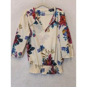 PLEIONE Women's Size S Floral Print Blouse Cream V-Neck Smocked Waist